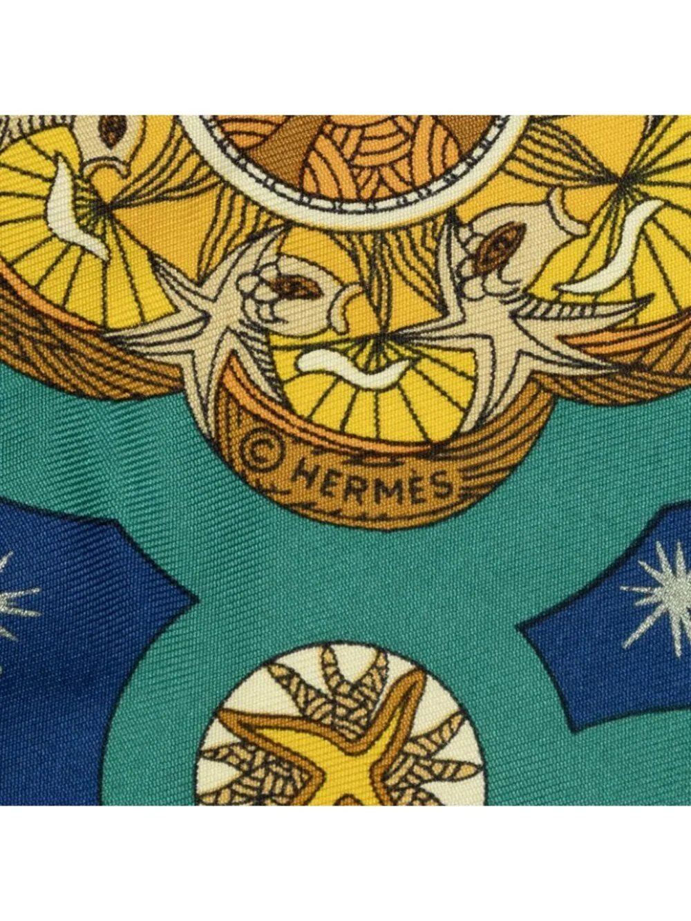 Hermes Scarf Navy Teal Gold 100 % Twill Silk